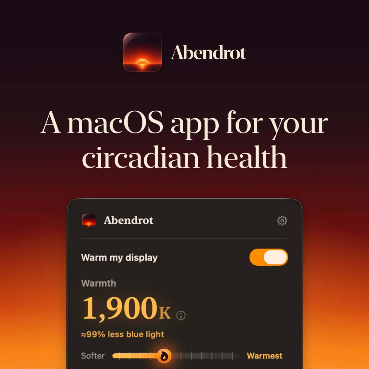 Abendrot macOS app cover with sunset icon, circadian health headline, and warm display control